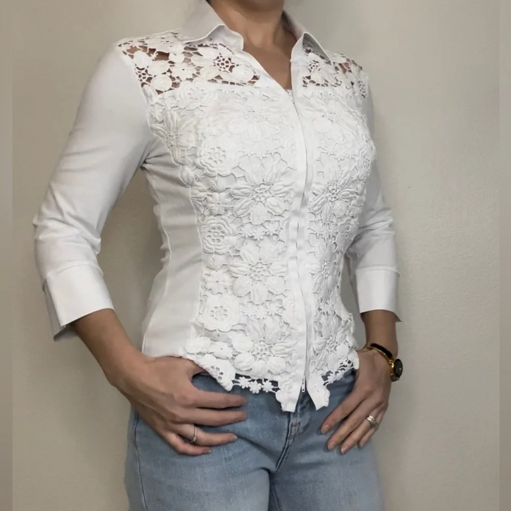 NaraCamicie | Italian Made White Zip Up 3/4 Sleeve Blouse - Picture 6 of 11